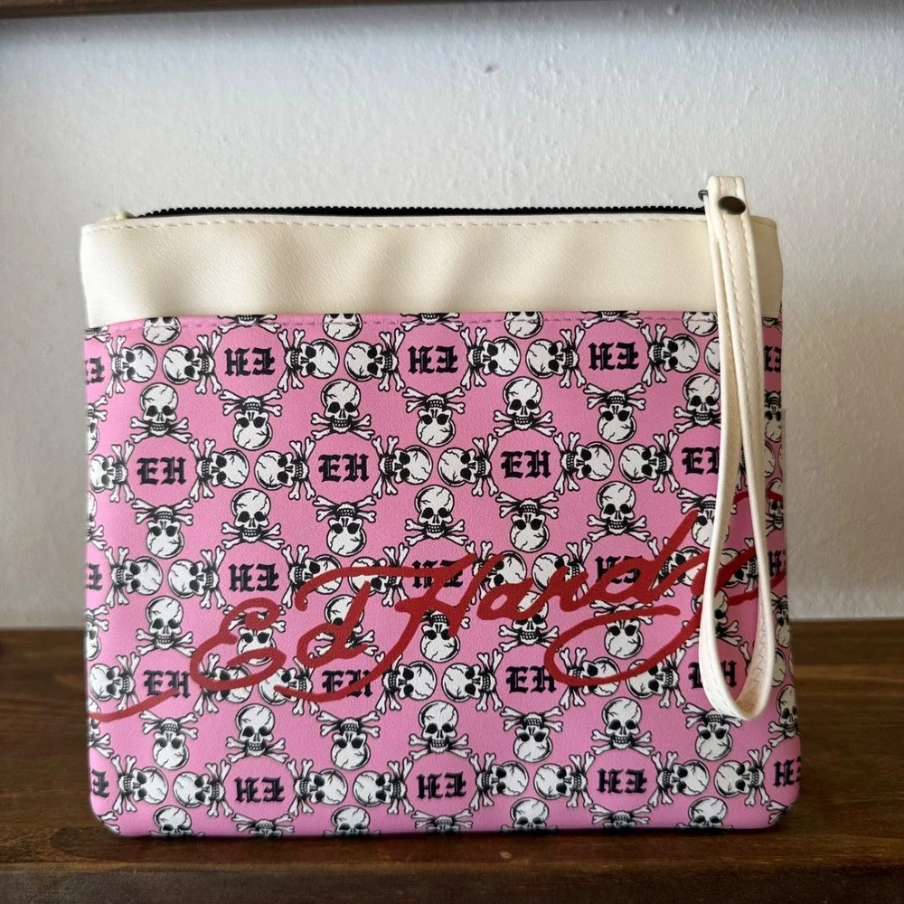 Ed Hardy Pink Skull Print Wristlet Pouch Swallow Rhinestone Y2K NWT Vegan Leathe